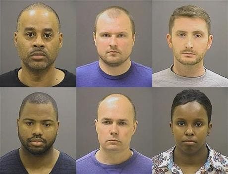 COURTESY OF BALTIMORE POLICE DEPARTMENT
From top left, clockwise: Goodson, Jr., Miller, Nero, White, Rice, Porter.