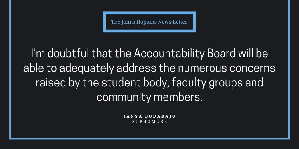 Students discuss concerns regarding the JH Accountability Board and its role in the implementation of the JHPD.&nbsp;