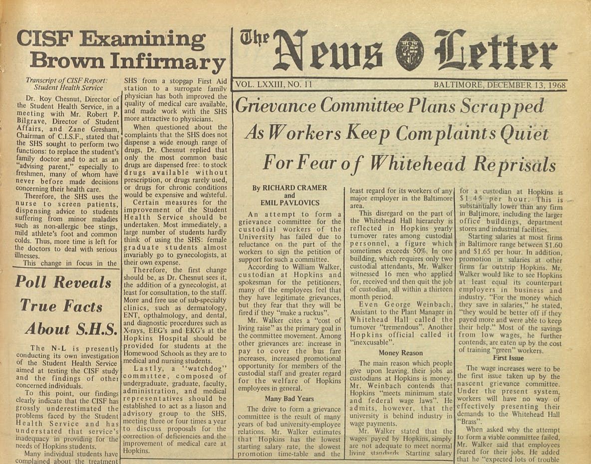 COURTESY OF THE UNIVERSITY ARCHIVES — SHERIDAN LIBRARIES&nbsp;
Pictured above is the front page of the December 13, 1968 issue, back when Heagney began writing for The News-Letter.