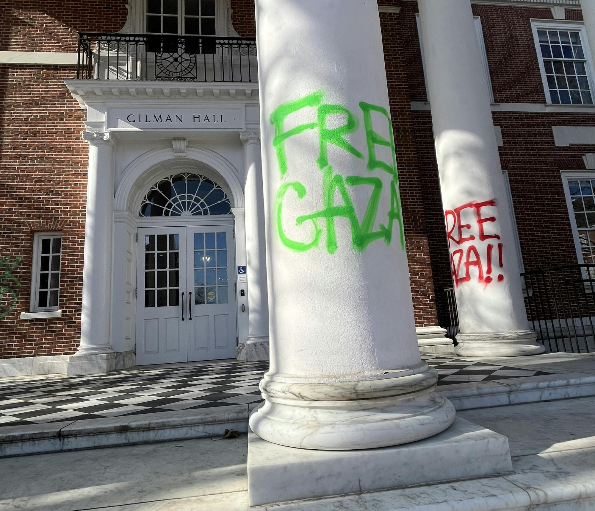 COURTESY OF SAMHI BOPPANA
On the morning of Nov. 20, graffiti was observed on various campus structures, including the pillars outside Gilman Hall.&nbsp;