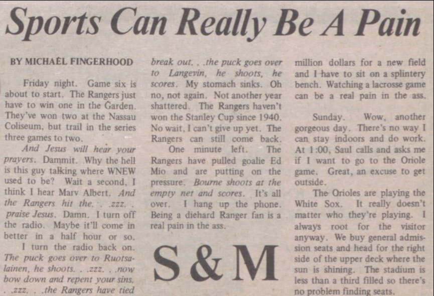COURTESY OF THE UNIVERSITY ARCHIVES — SHERIDAN LIBRARIES&nbsp;
Fingerhood describes watching lacrosse as “a real pain in the ass” in April 1982.