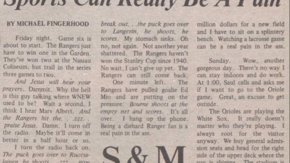 COURTESY OF THE UNIVERSITY ARCHIVES — SHERIDAN LIBRARIES&nbsp;
Fingerhood describes watching lacrosse as “a real pain in the ass” in April 1982.