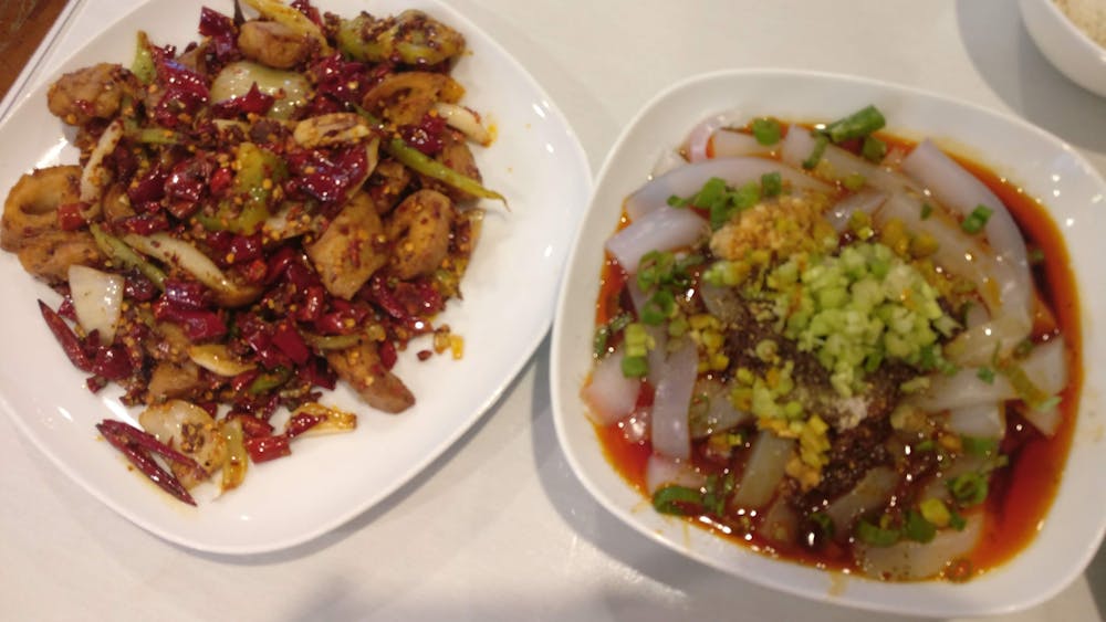 COURTESY OF JESSE WU
Dry fried pork intestine and chili mung bean noodles: Sichuanese classics.