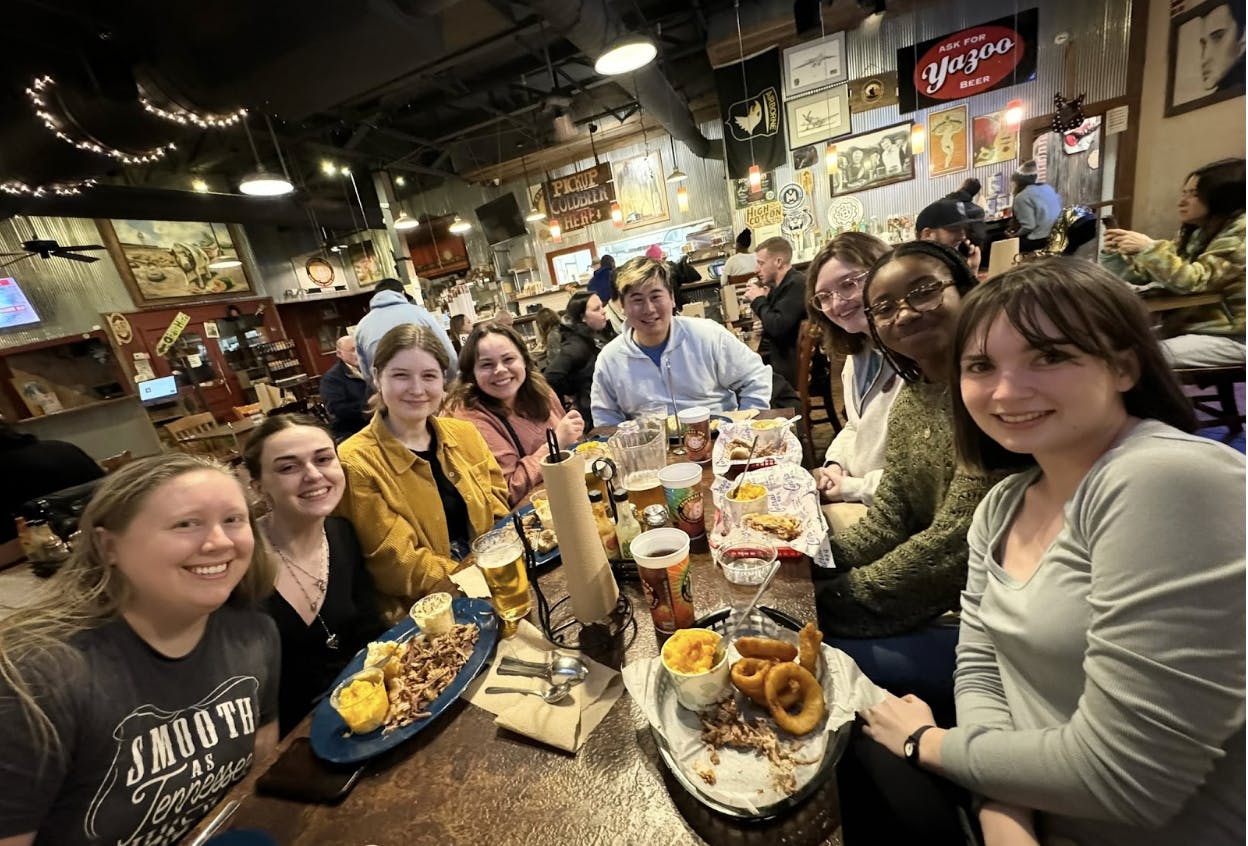 COURTESY OF FRANK MENG
After a long day of fieldwork in Arkansas, the PIRL team gathers for dinner at one of Memphis’s top BBQ spots.