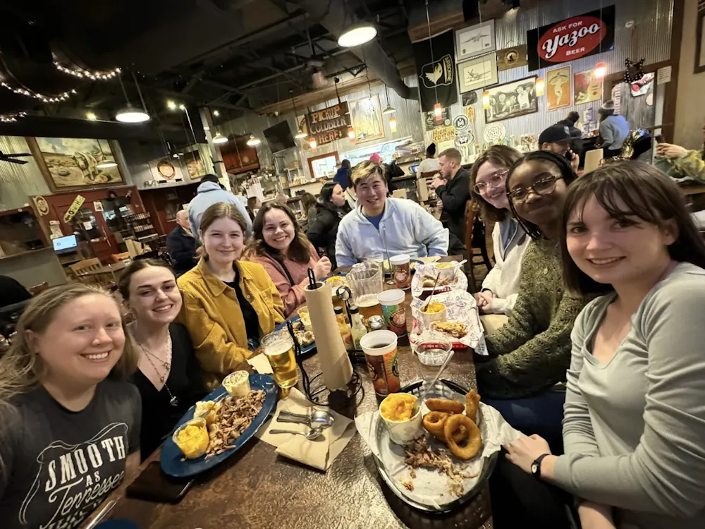 COURTESY OF FRANK MENG
After a long day of fieldwork in Arkansas, the PIRL team gathers for dinner at one of Memphis’s top BBQ spots.