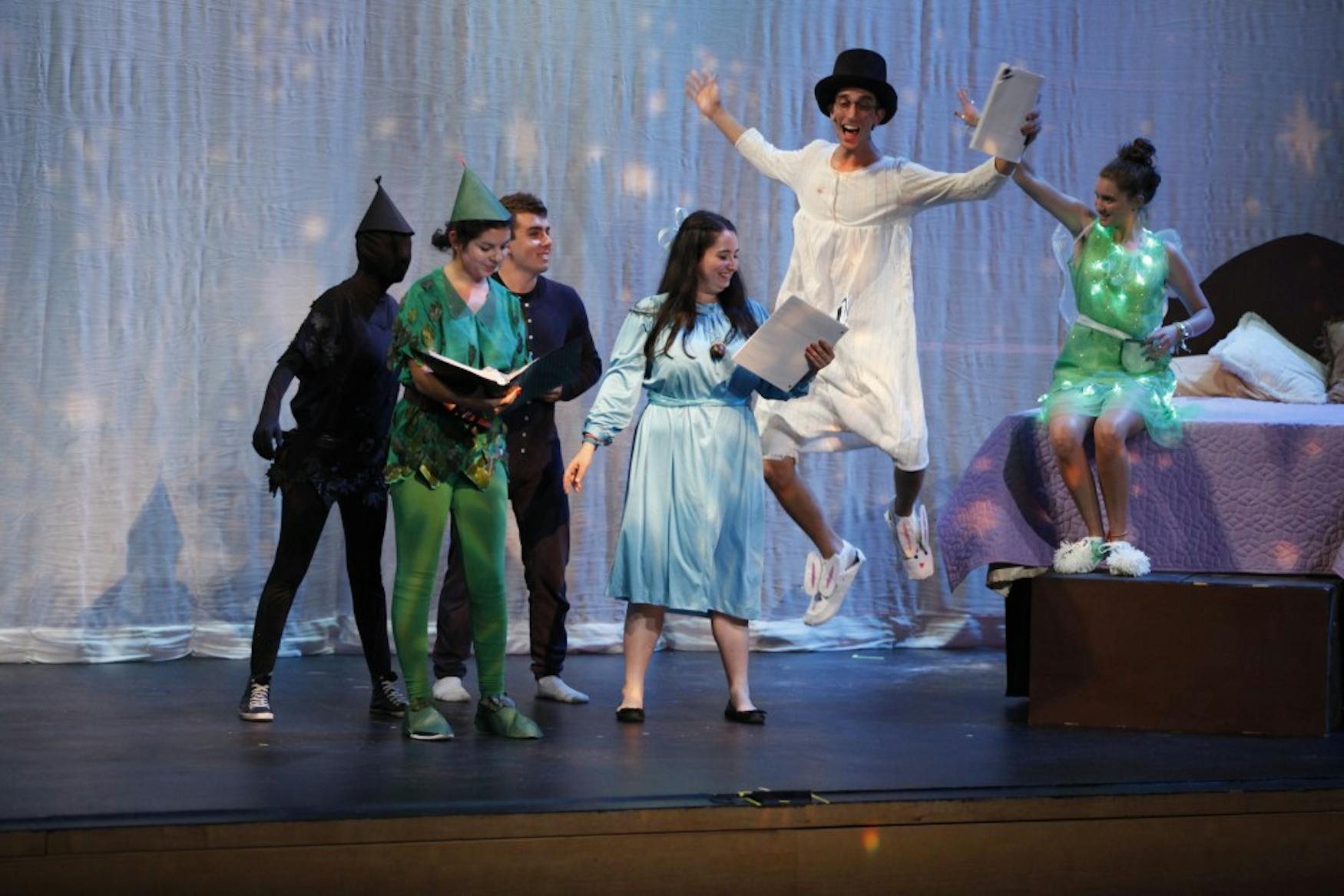 I'M FLYING: Peter Pan (Katie Reinhold ’19), with the help of Tinkerbell (Anna Stern ’18) teaches the children how to fly.
