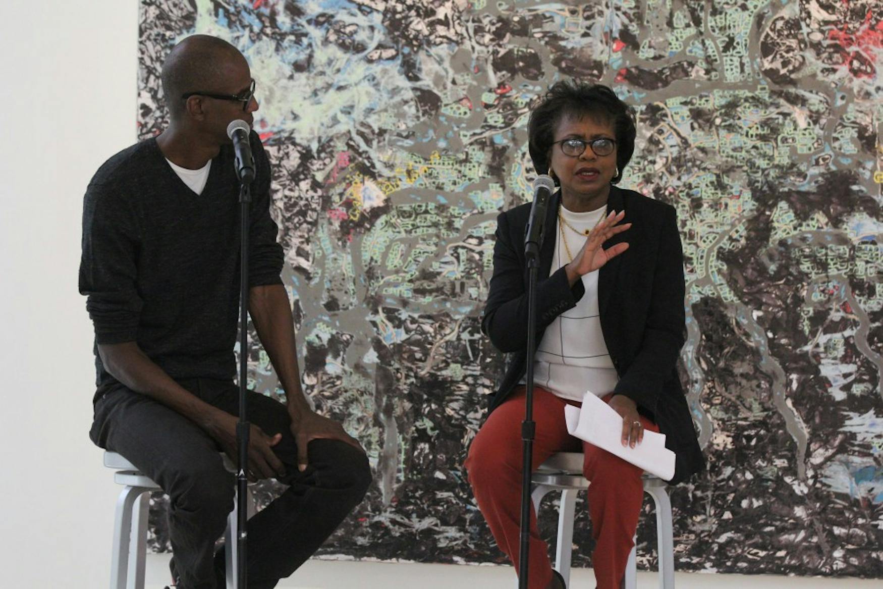 CONTEXTUALIZING ARTWORK: Abstract Artist Mark Bradford and Prof. Anita Hill (Heller) spoke at the Rose Art Museum on Friday.