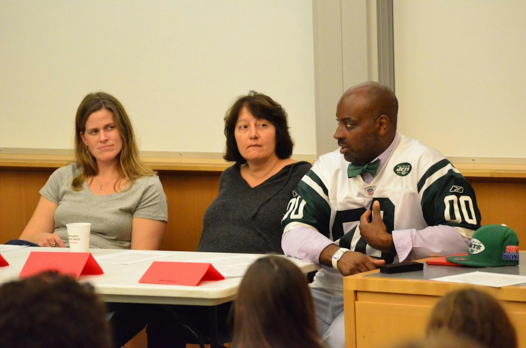 ARTISTIC JUSTICE: From left to right Profs. Jennifer Cleary (THA) and Adrianne Krstansky (THA) and Dean of Students, Jamele Adams spoke about the role of social justice in art.