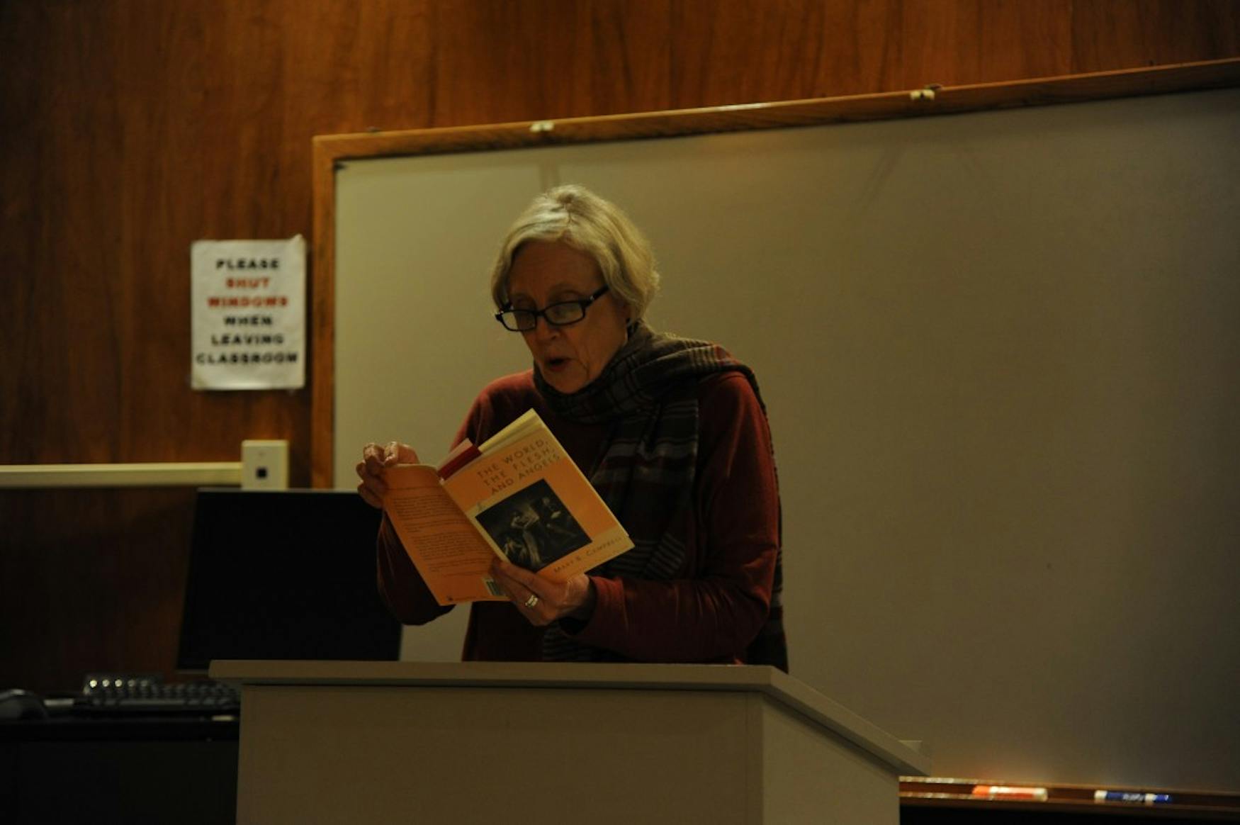 TROUBLE: Prof. Mary Baine Campbell (ENG) read from her book Trouble; her selection included poems about global warming, love, marriage, the oldest species of fish, censorship, and philosopher Descartes.