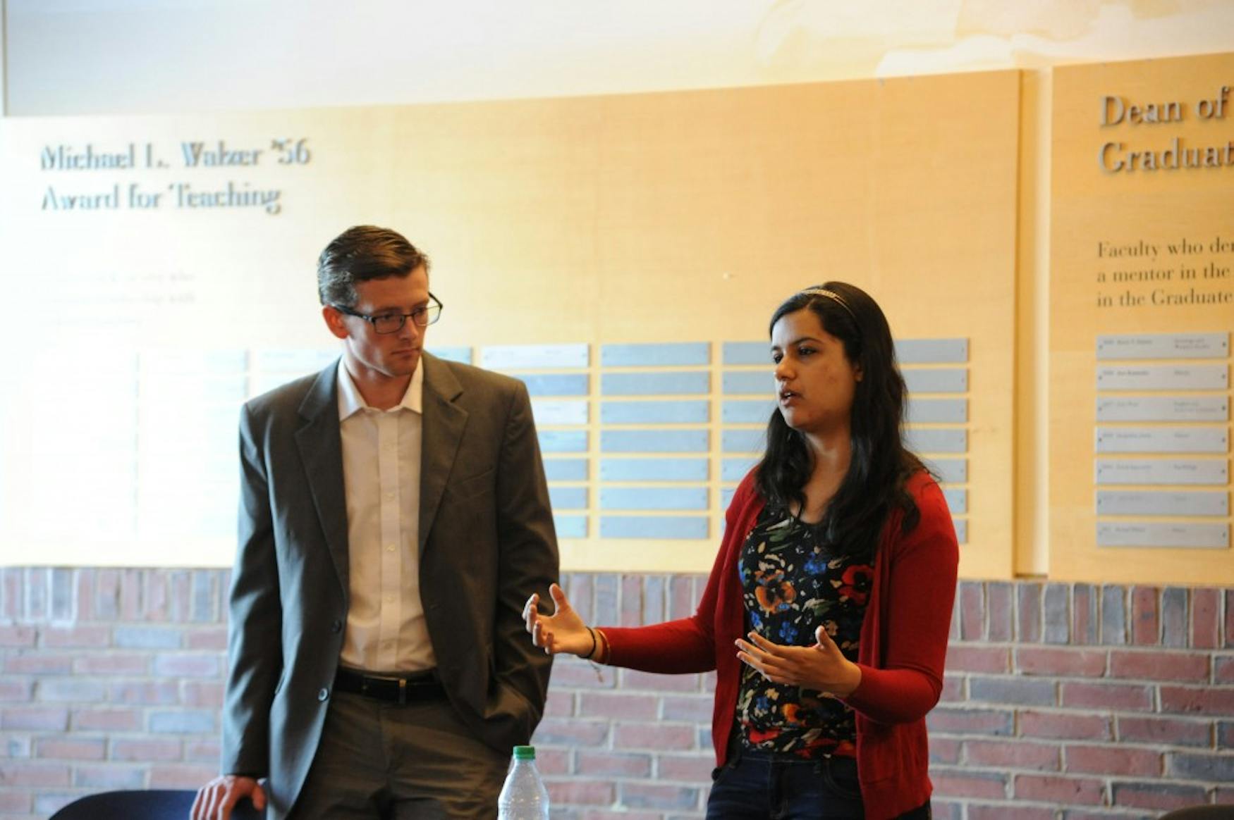 Grady Ward ’16 and Sneha Walia ’15 helped monitor the discussion at the student forum on Thursday.