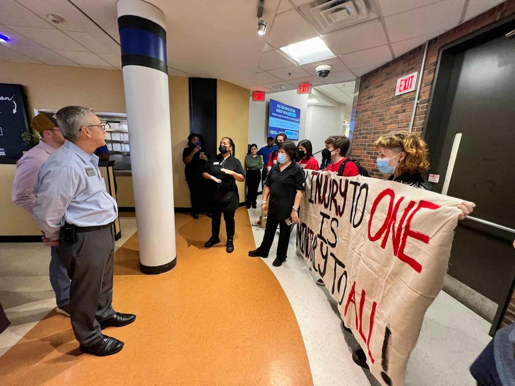 Students and dining workers joined together for the second time to protest working conditions. 