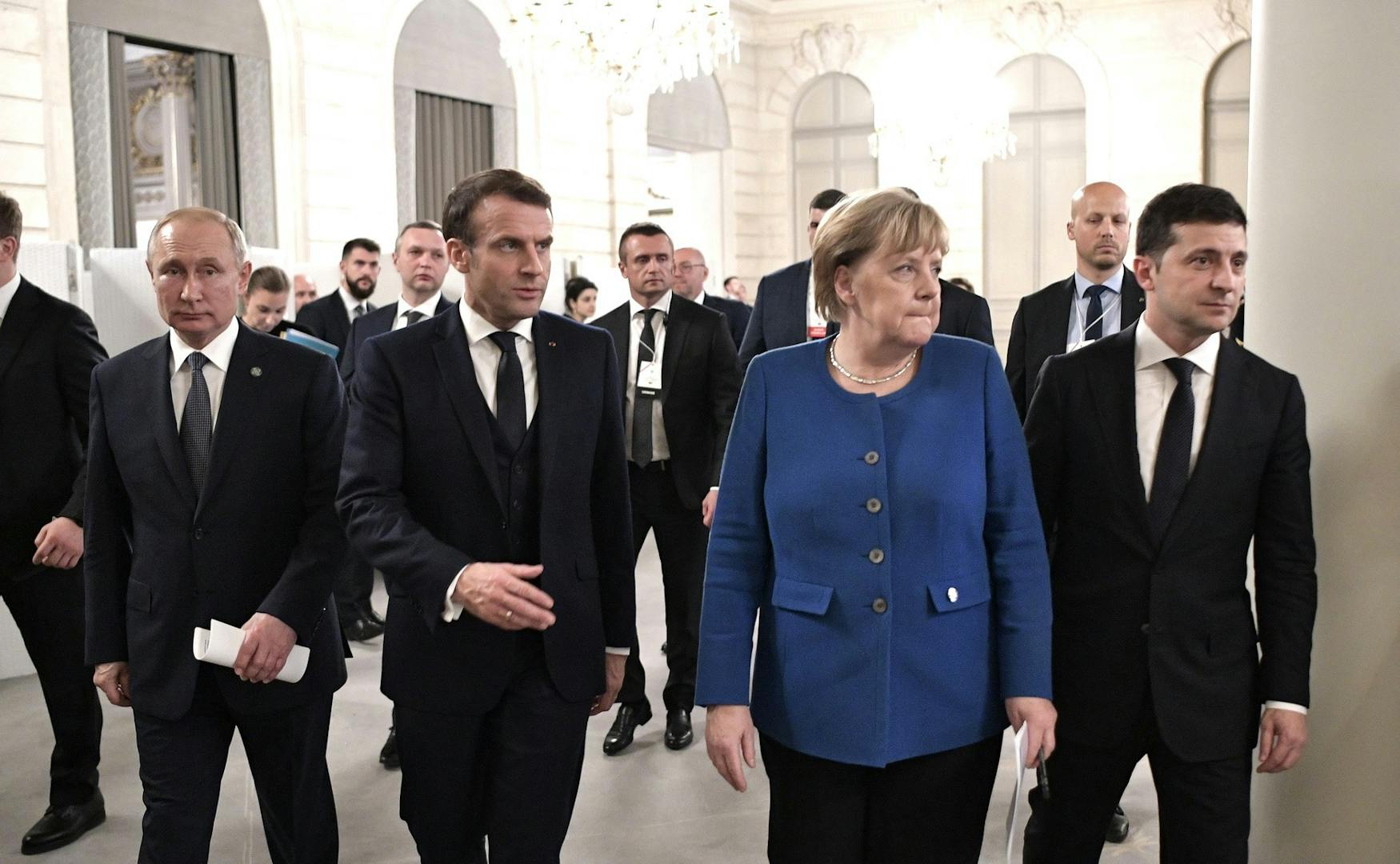 WORLD LEADERS: (From left) President Vladimir Putin of Russia, President Emmanuel Macron of France, former chancellor of Germany Angela Merkel, President Volodymyr Zelensky of Ukraine pictured on Dec. 10, 2019.