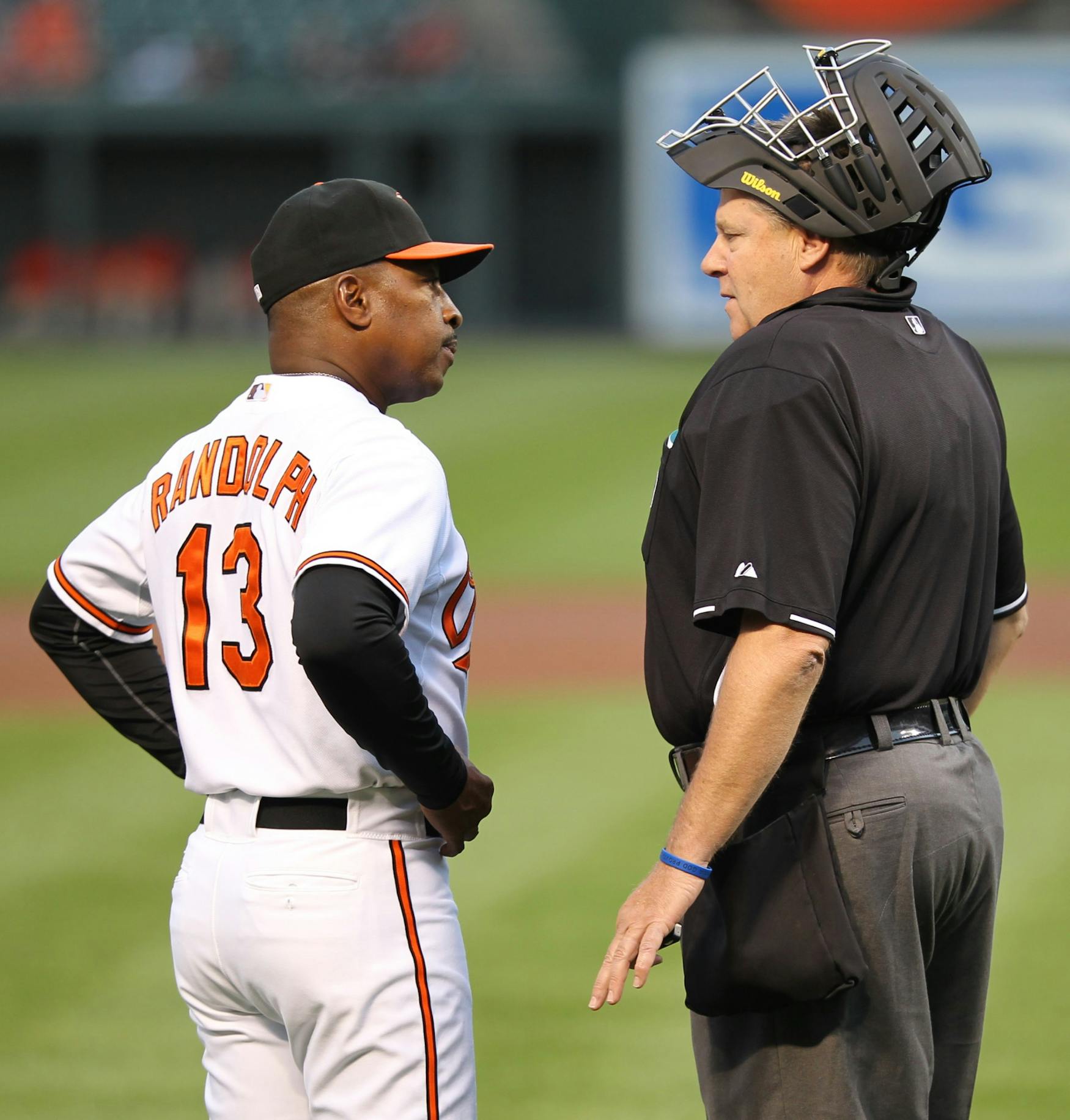 POWER POSE: Randolph talks to MLB umpire Gary Cederstrom, during his time with the Baltimore Orioles.