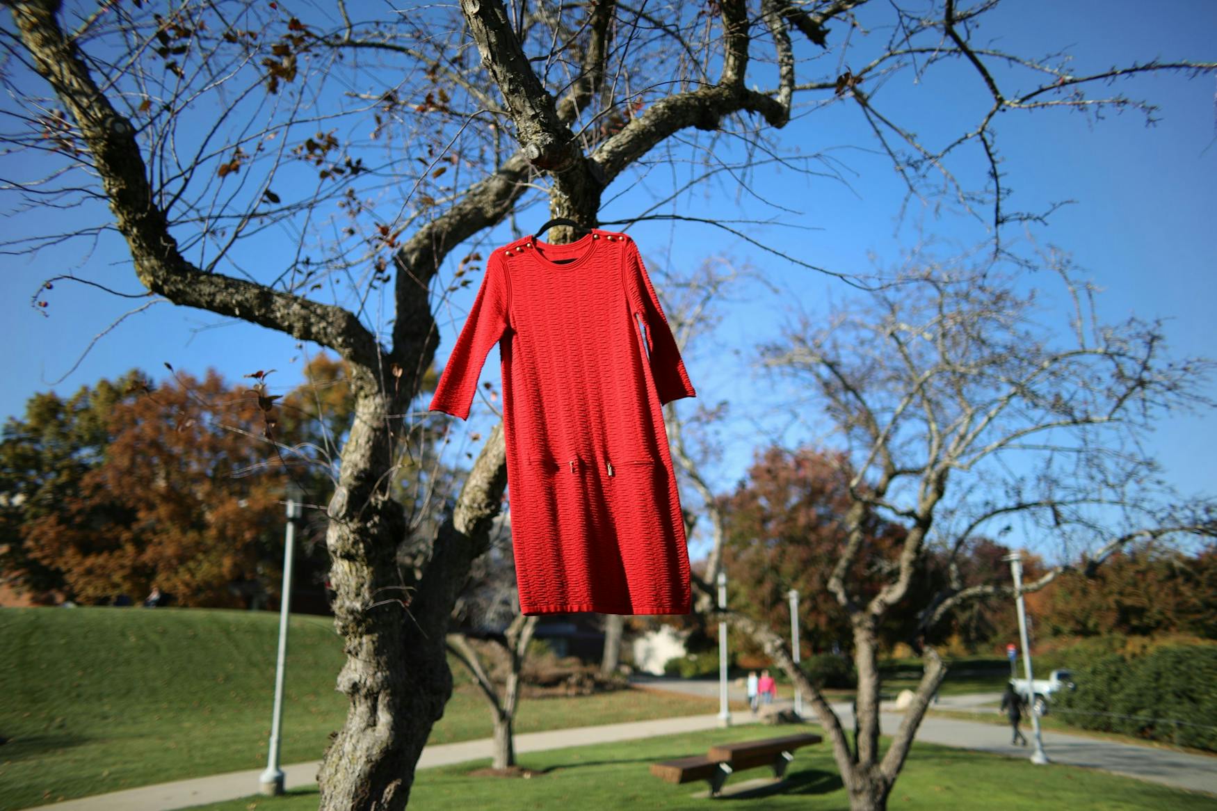 A red dress hangs from a tree on campus as part of the "REDress Project" by Indigenous artist Jaime Black. Students in the Creativity, the Arts and Social Transformation Program worked with Black to curate a campus "REDress" instillation.