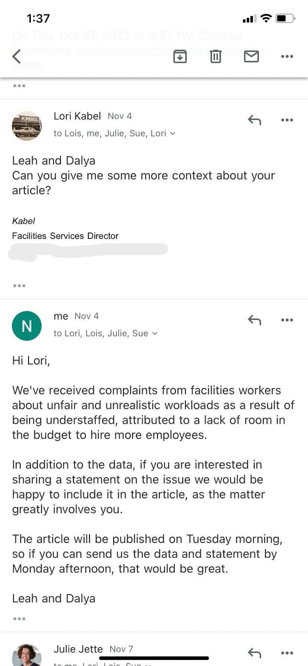 EMAIL: The Justice News editors emailed Lori Kabel regaring the complaints from facilities
workers.