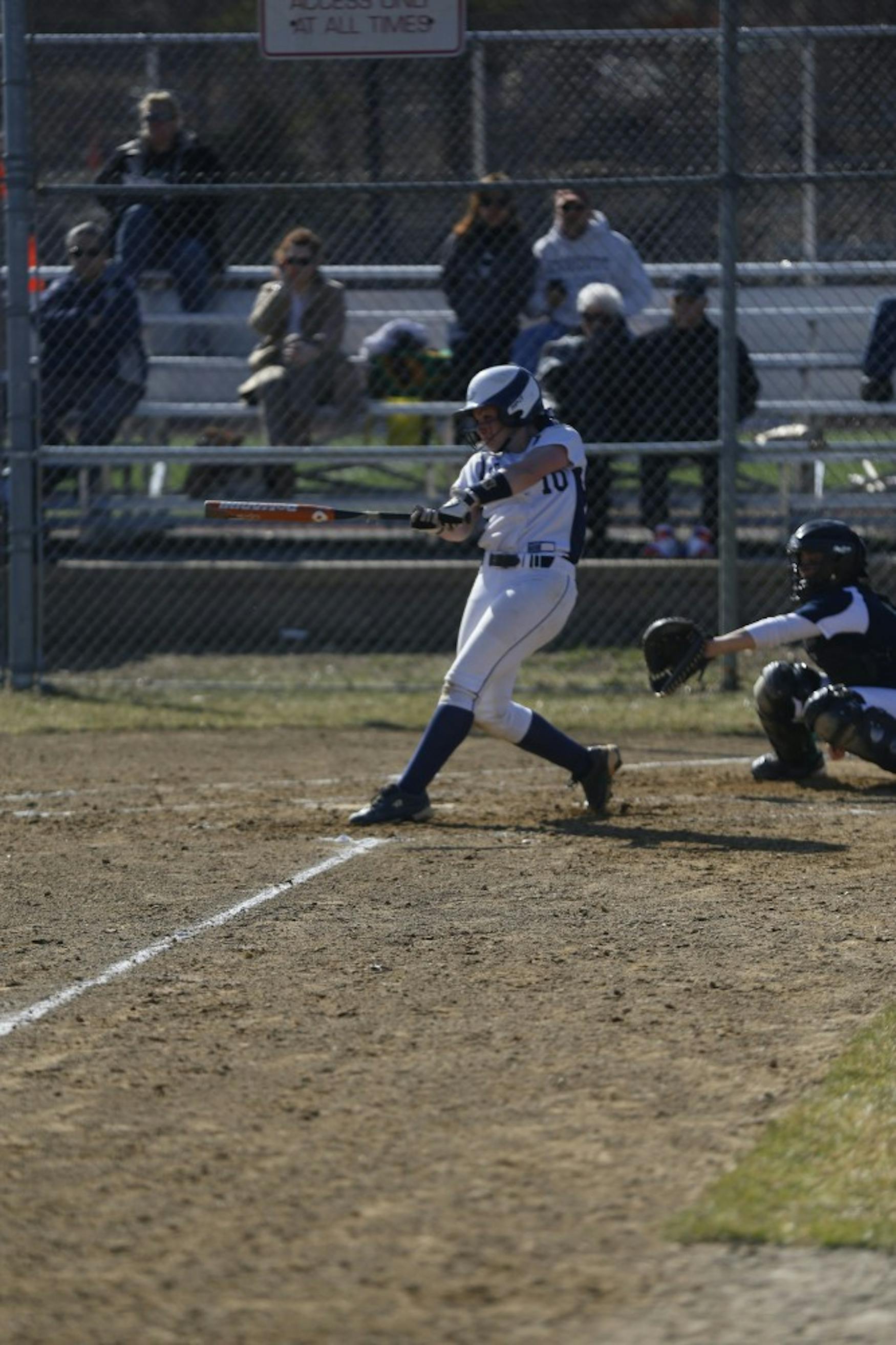 CONTACT: Infielder Madison Sullivan ’16 takes a swing in the Judges’ 9-6 home defeat to Wellesley College on last April.