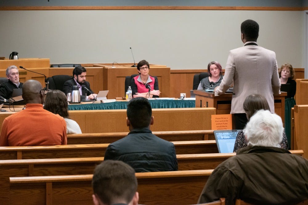 The East Lansing City Council holds a meeting on Mar. 11, 2020.