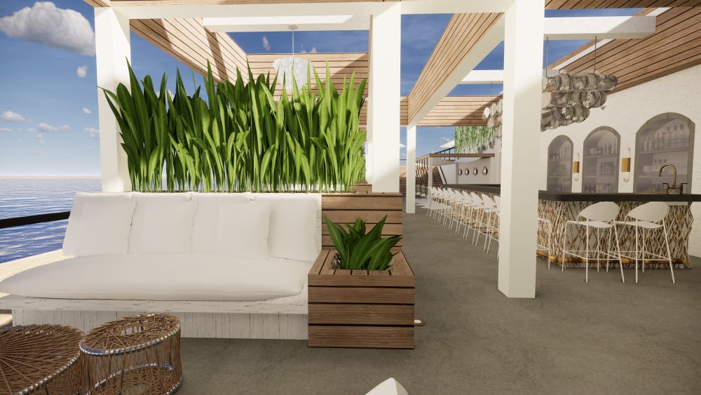 <p>A proposed redesign of the Muskegon State Park Beach House by Ella Wynsma, &quot;The Pier House,&quot; will be a dynamic beach clubhouse that features a restaurant, bar, event area, and rooftop lounge which is featured in this computer generated rendering. COURTESY OF Dr. Linda Nubani, Assistant Professor, Interior Design.</p>