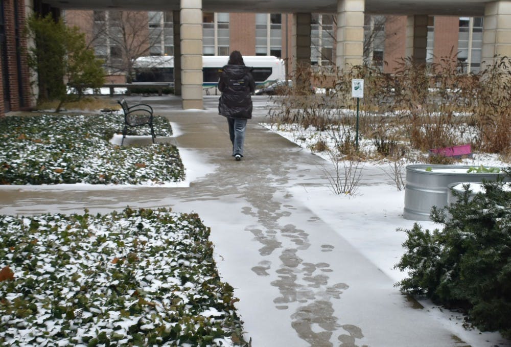 <p>A student walks along the snowy sidewalks outside Kedzie Hall on Jan. 13, 2019. </p>