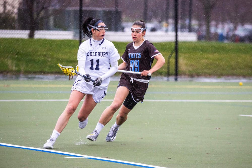 <span class="photocreditinline"><a href="https://middleburycampus.com/39670/uncategorized/michael-borenstein/">MICHAEL BORENSTEIN</a></span><br />The Panthers rallied a close win against the Jumbos despite the pouring rain. Pictured above: Emma McDonagh ’19.