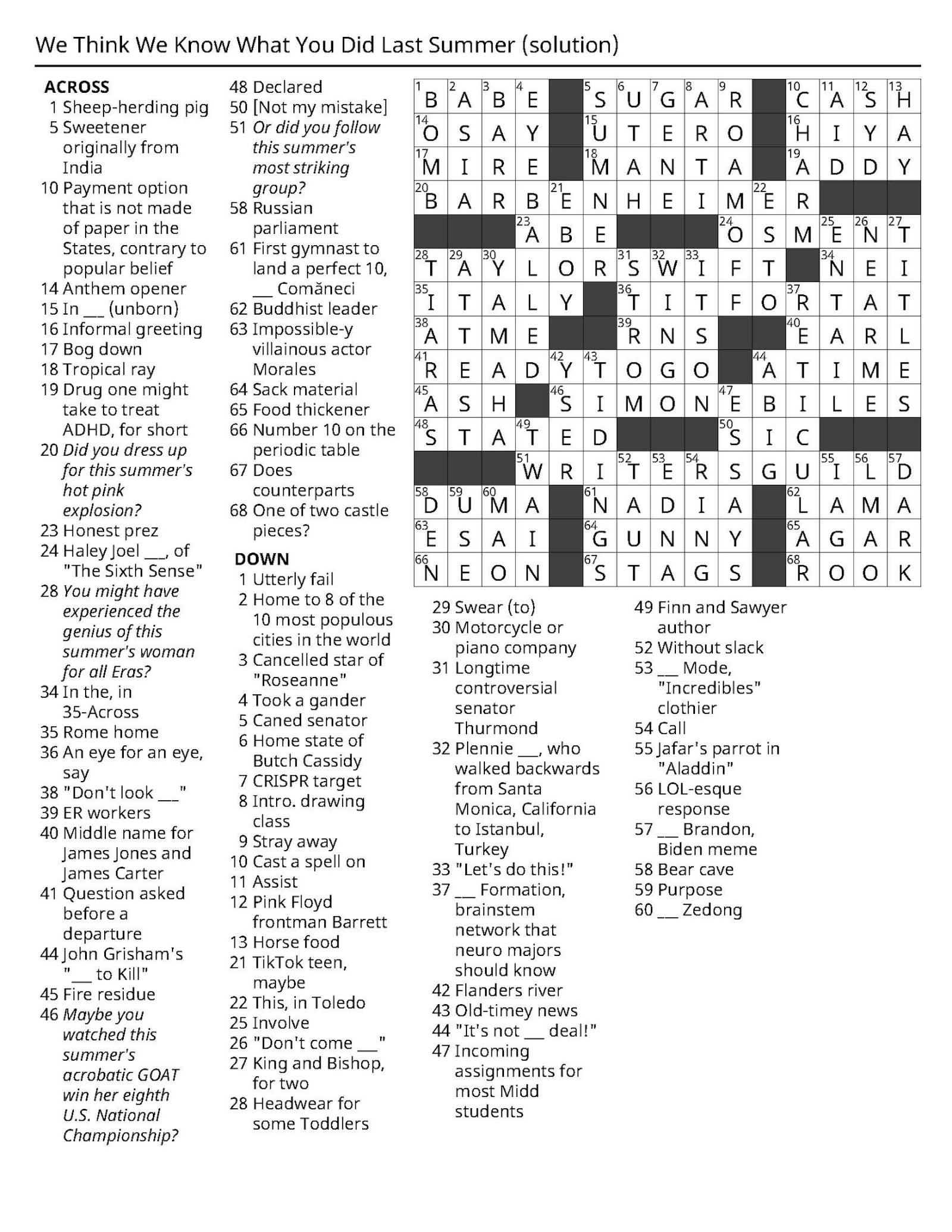 Crossword 09/14: Solutions The Middlebury Campus