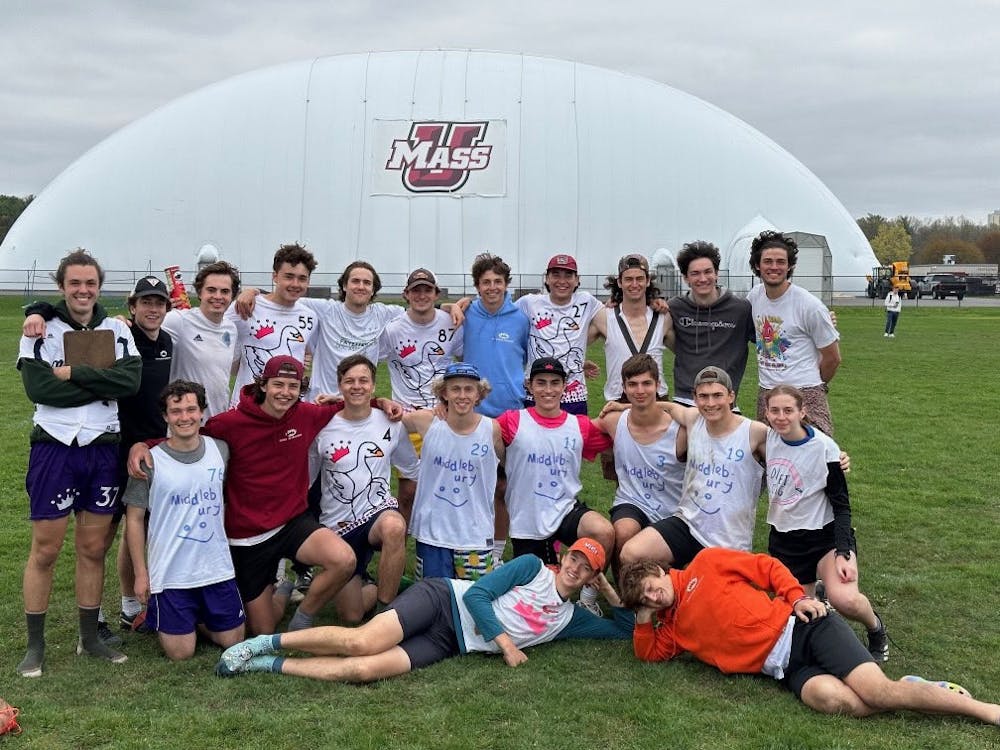 <p>The ultimate frisbee B-Team poses at their tournament this past weekend at UMass Amherst</p>