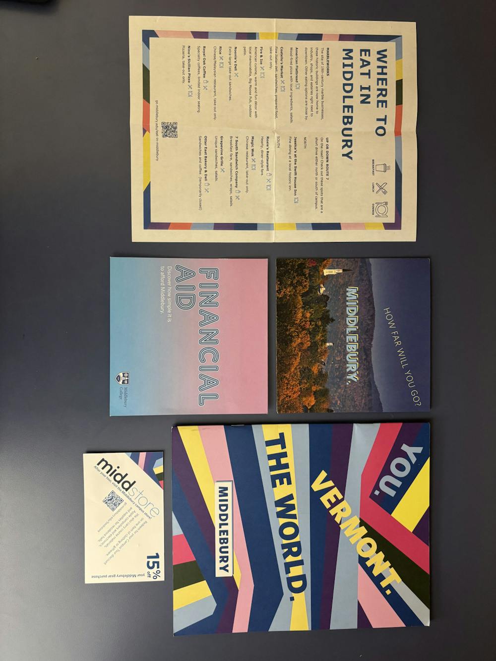 A variety of communications and marketing material used by Middlebury College Admissions, including a new multi-color viewbook, titled “You. Vermont. The World.”