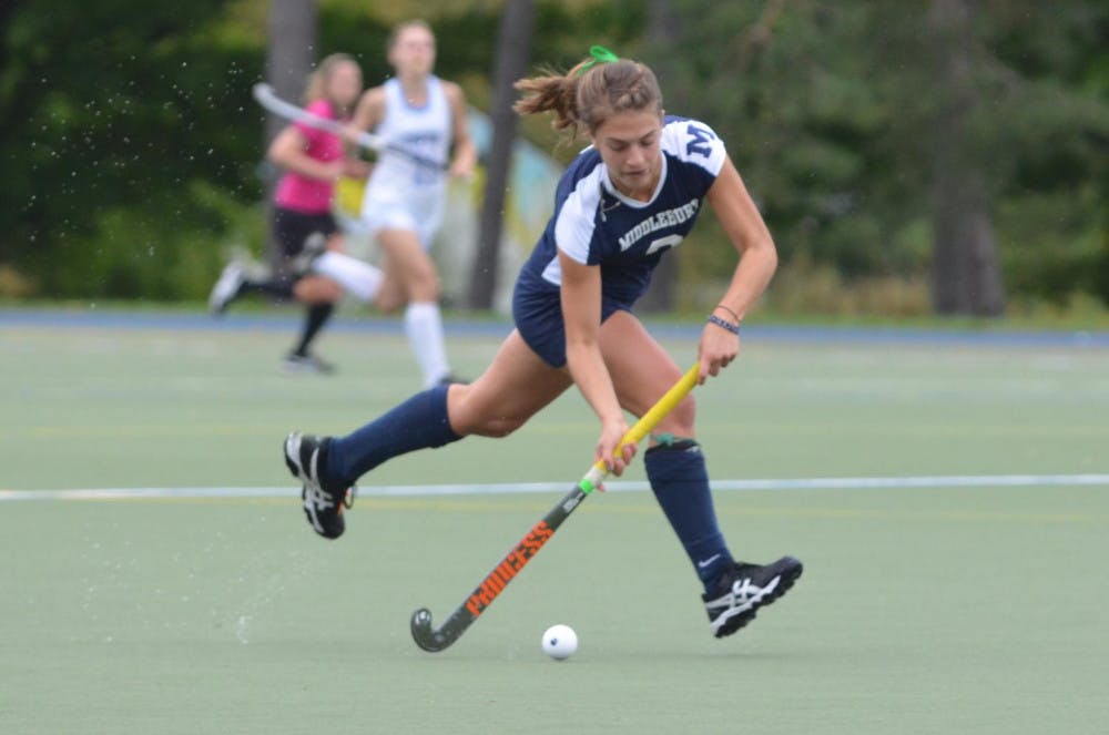 <span class="photocreditinline">BENJY RENTON/THE MIDDLEBURY CAMPUS</span><br />Marissa Baker ’20 rushes down the field to score her second goal of the season on Saturday, Oct. 6 against Tufts.
