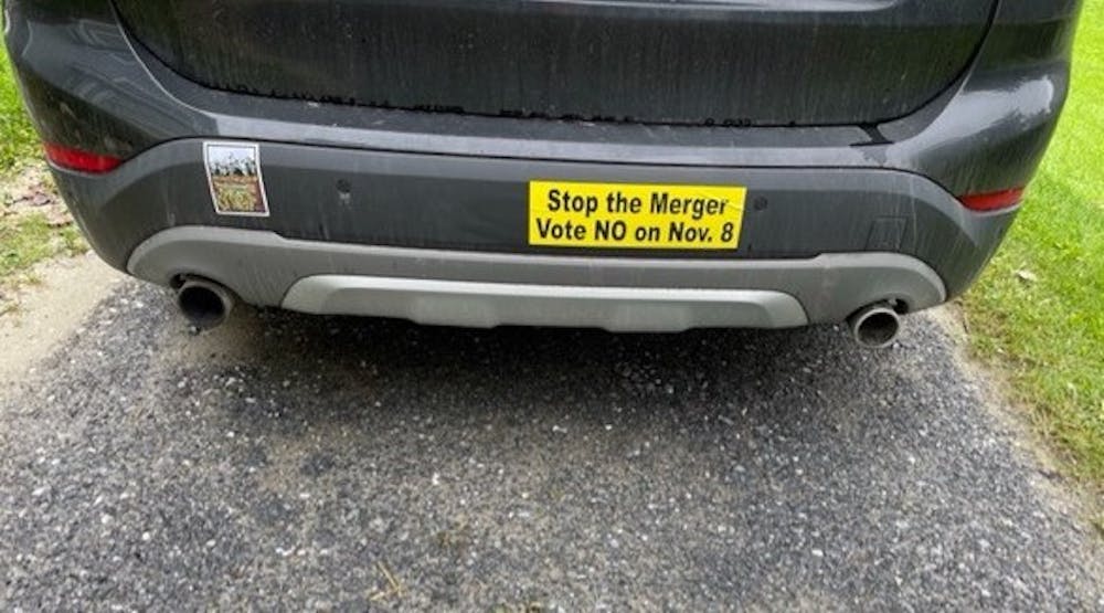 A Stop the Merger bumper sticker distributed by Starksboro Save Our Schools organizers. Photo courtesy of Susan Klaiber.