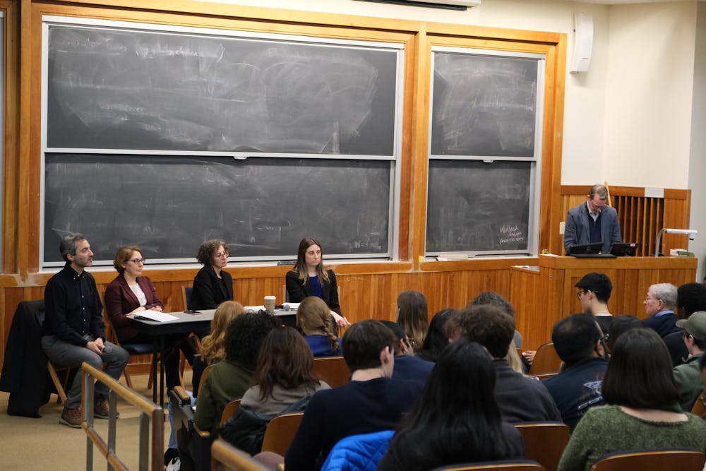 Panelists at the War in Iran forum from left to right: Ata Anzali, Sebnem Gumuscu, Febe Armanios and Caileigh Glenn. Moderator Ian Baucom.