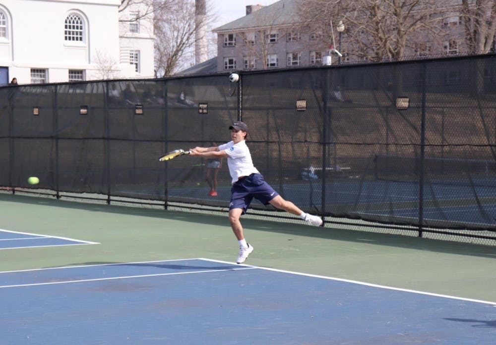<span class="photocreditinline"><a href="https://middleburycampus.com/43472/uncategorized/hattie-lefavour/">HATTIE LEFAVOUR</a></span><br />Nate Eazor ’21 hits a backhand during the match against No. 18 Tufts, bringing the team to a 6-3 victory.