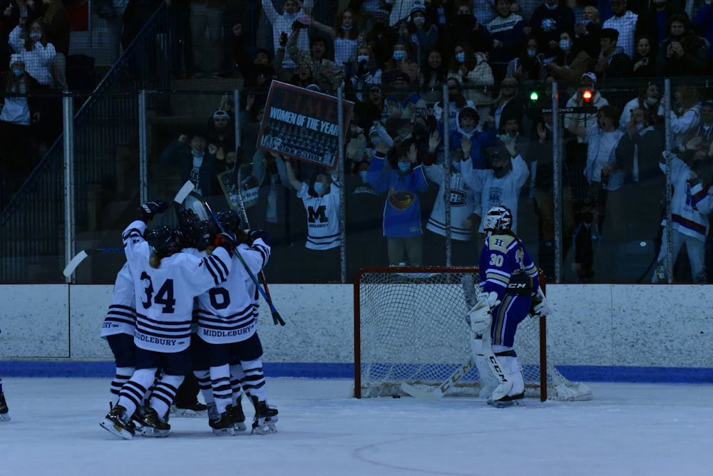 <p>Panther fans cheer as Middlebury celebrates a goal against Hamilton in the NESCAC semifinals. CHARLIE DEICHMAN-CASWELL</p>