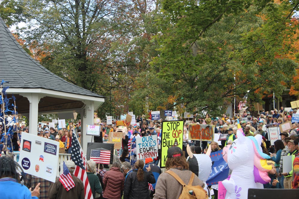 On Oct. 23, over 1,000 protestors, including students from the college, gathered on the Middlebury Town Green to protest the Trump administration. The referendum demands that the college reject the administration's "Compact for Excellence in Higher Education." 