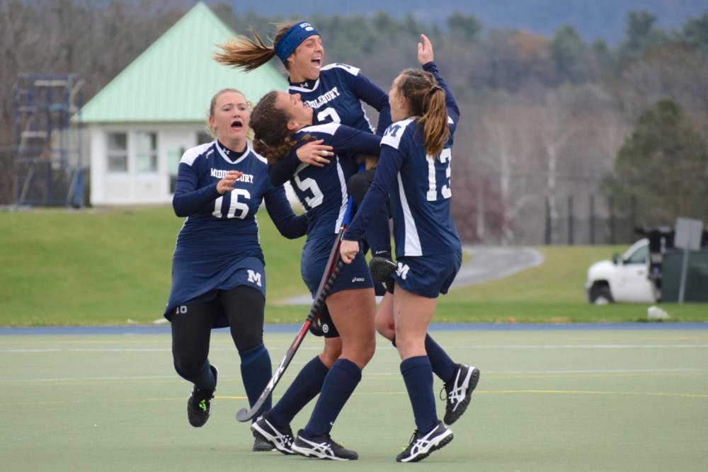 <span class="photocreditinline"><a href="https://middleburycampus.com/staff_profile/benjy-renton/">BENJY RENTON</a></span><br />The field hockey team embraced Marissa Baker '20 after scoring the game-winning goal in overtime during the NESCAC championship against Tufts on November 10. The Panthers have now won their fifth national title in program history.