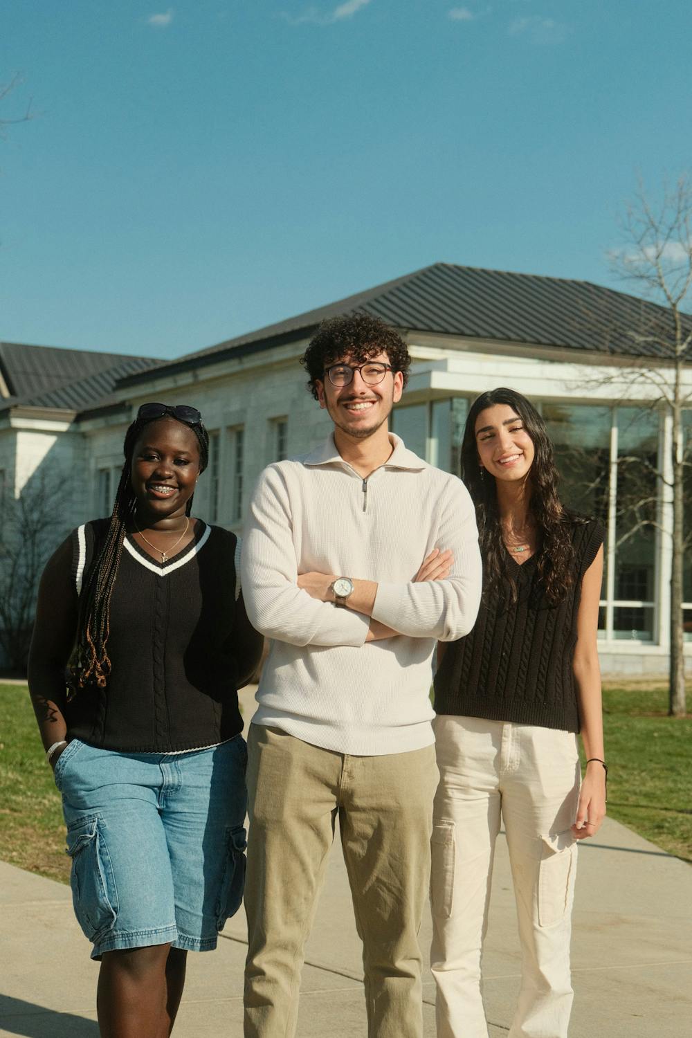 Abed Abbas ’24 (center) was elected to serve as Student Government Association President beginning next fall, alongside Vice Presidents Fanta Diop ’25 (left) and Tara Masri ’25 (right).