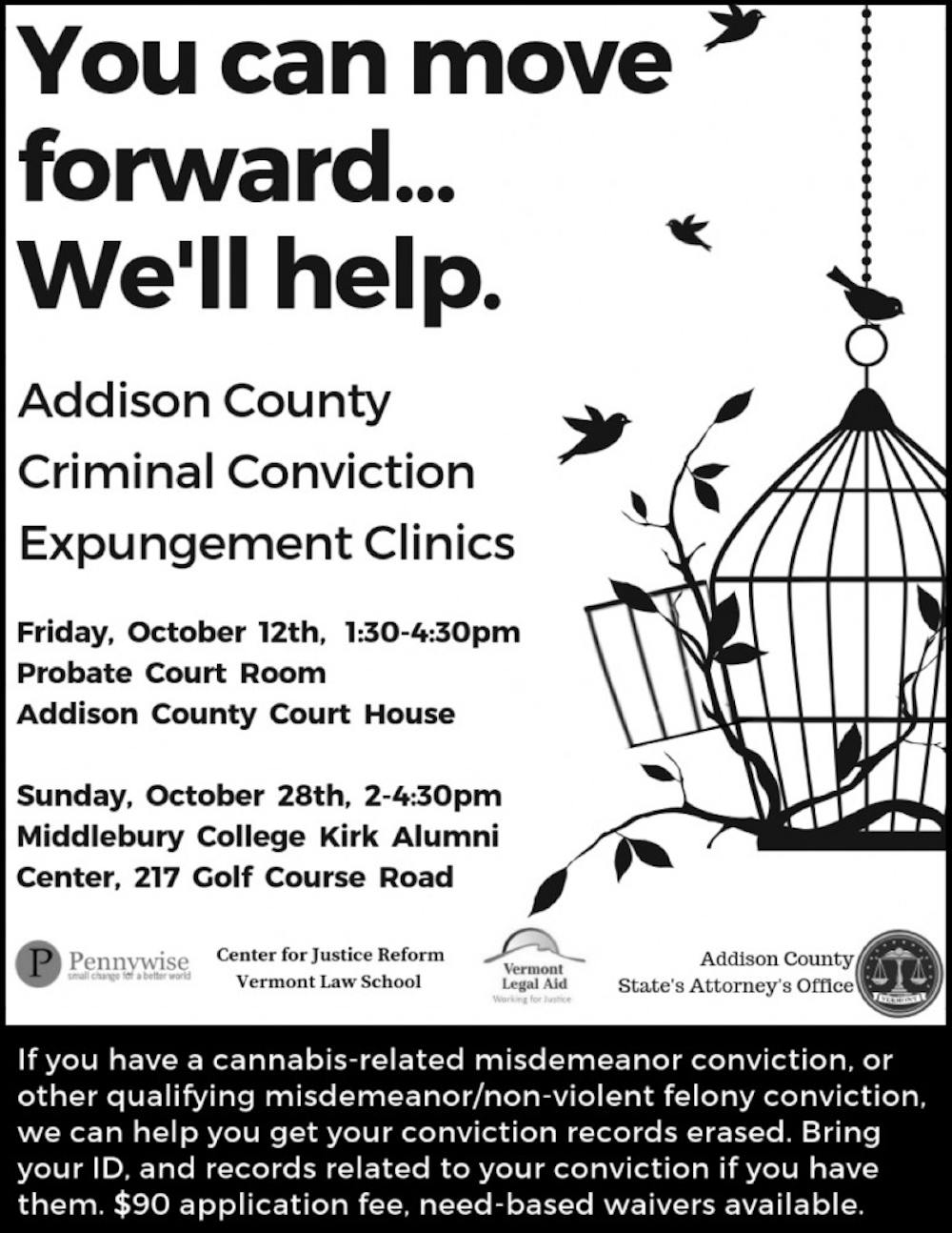 <span class="photocreditinline">PRESS RELEASE PHOTO</span><br />A flyer for the Addison County Expungement Clinics.