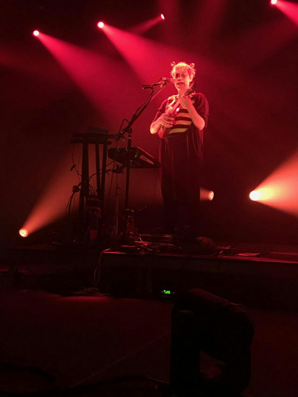 <span class="photocreditinline">ROSE ADAMS/MIDDLEBURY CAMPUS </span><br />Merrill Garbus of Tune-Yards performs at Higher Ground on Halloween decked out in a bee costume.