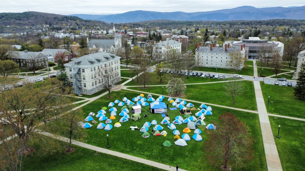 Tents set out on McCullough Lawn for the Middlebury Gaza Solidarity Encampment.