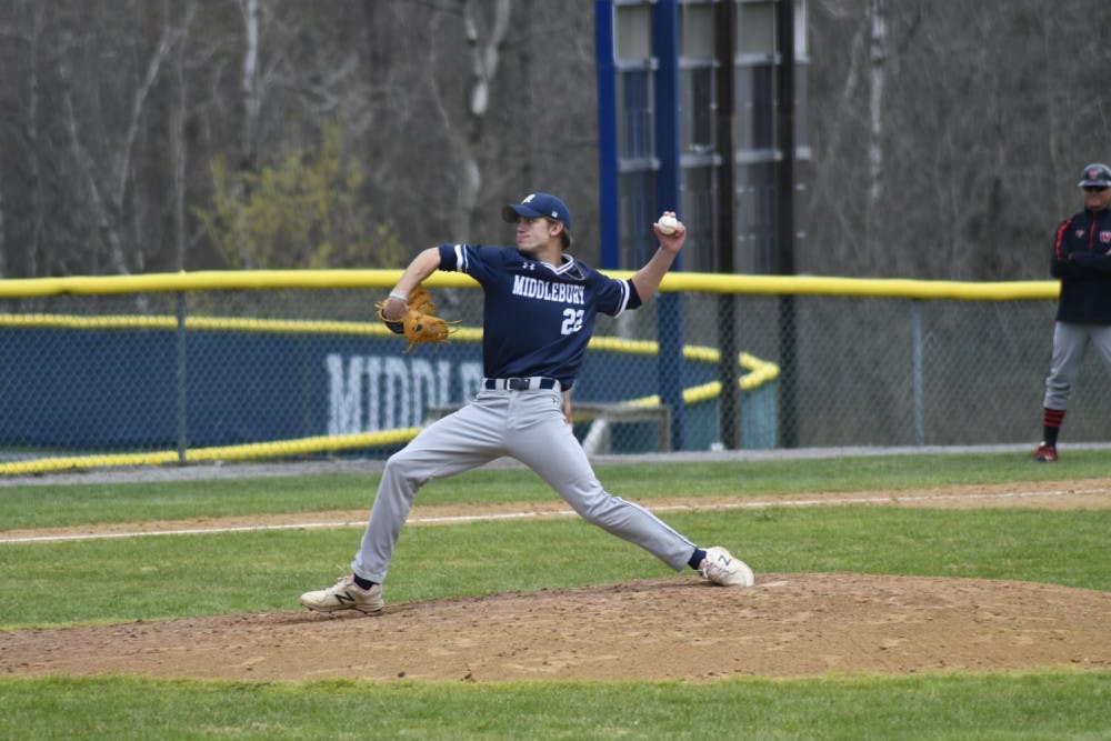<span class="photocreditinline"><a href="https://middleburycampus.com/43248/uncategorized/max-padilla/">MAX PADILLA</a></span><br />First-year pitcher Alex Price captured a win in six innnings against Wesleyan, allowing just two runs.