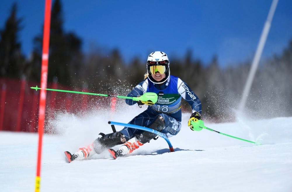 <span class="photocreditinline">Courtesy Photo</span><br />Caroline Bartlett ’19 skis in the last alpine race of her career. Bartlett placed 19th in the slalom event.