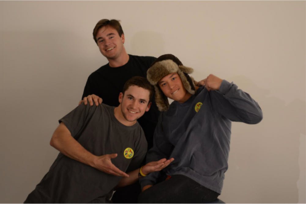 <span class="photocreditinline">COURTESY PHOTO</span><br />Marshall Cummings (bottom left), Ryan Feldmann (center) and Will Brossman (right) (all ’21) are student-entrepreneurs and the founders of PatchyTee.