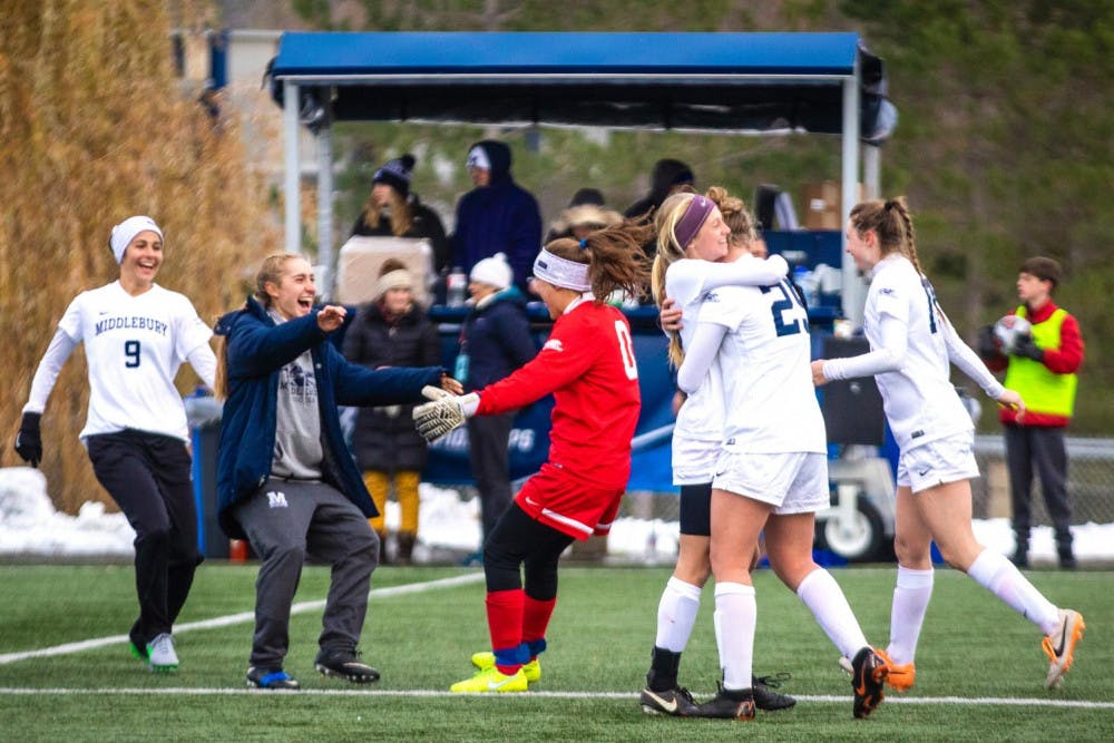 <span class="photocreditinline"><a href="https://middleburycampus.com/39670/uncategorized/michael-borenstein/">MICHAEL BORENSTEIN</a></span><br />The women's soccer team celebrates after winning against Misericordia 1-0 in the NCAA quarterfinals. The team will now advance to the NCAA Division III Championship.