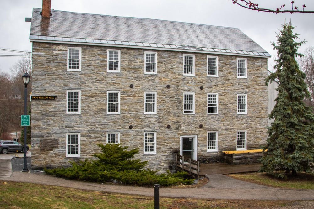 <span class="photocreditinline">Michael Borenstein/The Middlebury Campus</span><br />The iconic marble façade of Middlebury’s historic Old Stone Mill, soon to house new dining, lodging, shopping and working options.