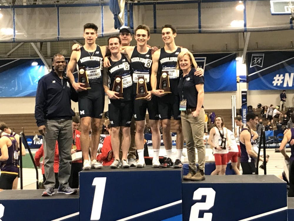 <span class="photocreditinline">Courtesy Photo</span><br />The men’s distance medley relay (DMR) team of Jimmy Martinez ’19, Jon Perlman ’19, Arden Coleman ’20 and Nathan Hill ’20 won the first men’s indoor track and field championship in program history, finishing with a time of 9:56.54.