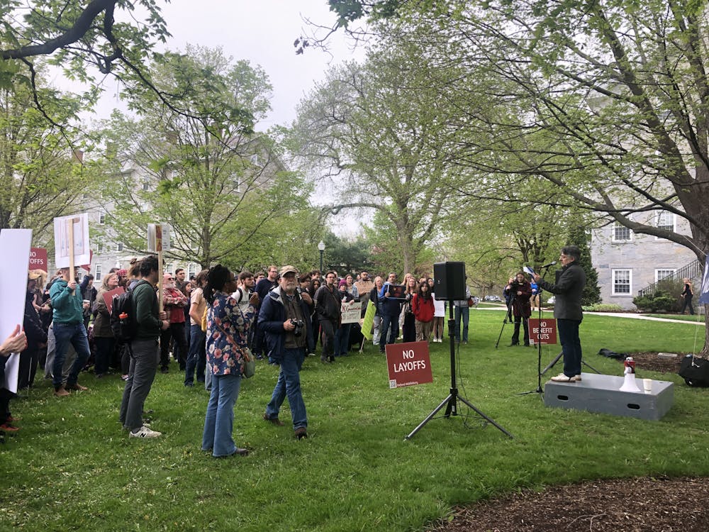 Protestors gathered outside Old Chapel on the day of the Board of Trustees meeting to hear staff, faculty and student speakers denounce the recent budget cuts. 