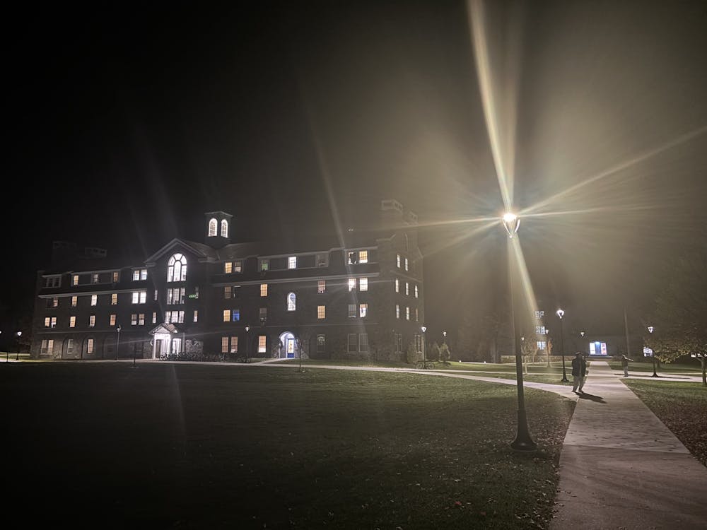 New first year resident hall, Battell Hall, at night. The building houses 35% of the current first year class.