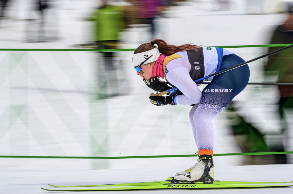 Sofia Scirica '27 speeds through the snow for Middlebury.
