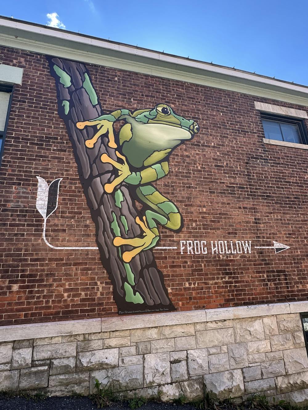 Tree frog mural in downtown Middlebury directs people to Frog Hollow.