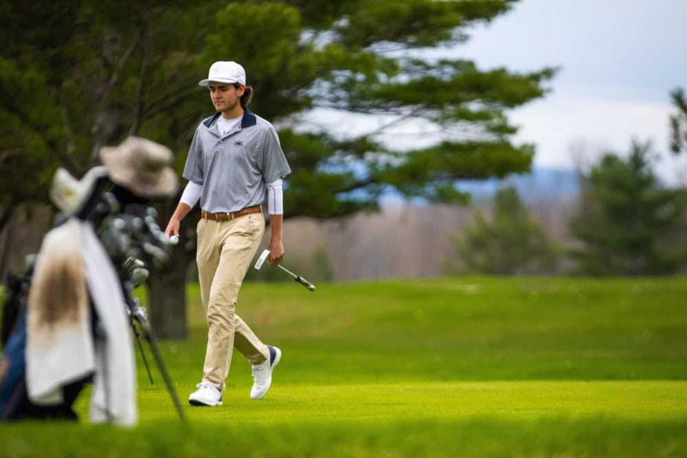 <span class="photocreditinline"><a href="https://middleburycampus.com/39670/uncategorized/michael-borenstein/">MICHAEL BORENSTEIN</a></span><br />The 2019 NESCAC Men’s Golf Championships came to the Ralph Myhre Golf Course on April 27-28. The Panthers, who finished third (439), shot nine above first-place Trinity (430). Junior Jeffrey Giguere tied for the fifth best individual performance, totaling 108 strokes by the end of the weekend.