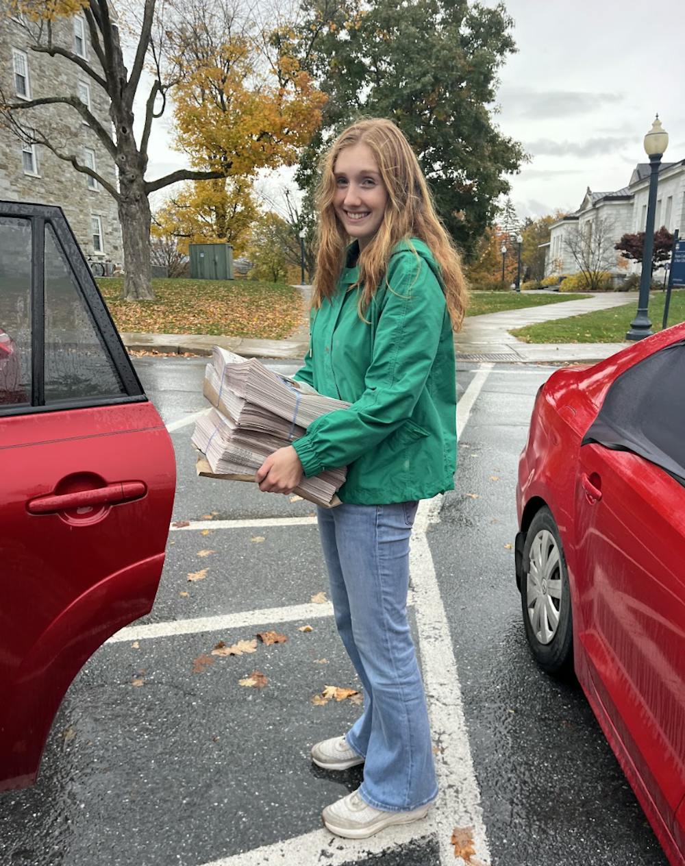 The crew team typically delivers The Campus, but one morning in the fall semester, a substitute truck driver left the copies in the wrong spot, leaving the team unable to find them. Madeleine Kaptein ’25.5 and Ting Cui ’25.5 located the papers and delivered them instead.